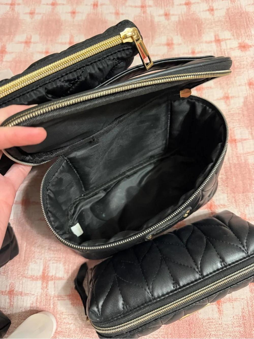 Joan & David Black Quilted Cosmetic Bag Set with Gold Hardware